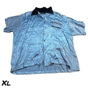 VTG Johnny Suede Dress to Pimp Bowling Shirt XL Metallic Blue Flames Hot Rod 90s